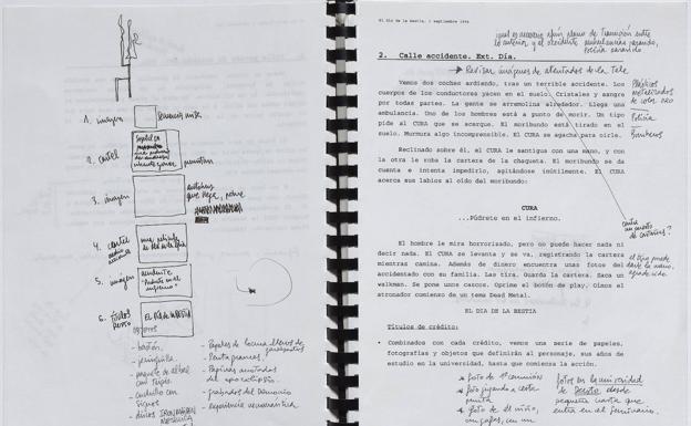 El guion de 'El día de la Bestia', con gráficos y anotaciones del director.