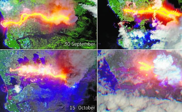 Imágenes de la evolución de las coladas entre el 30 de septiembre y el 20 de octubre tomadas por el servicio de Copernicus. 