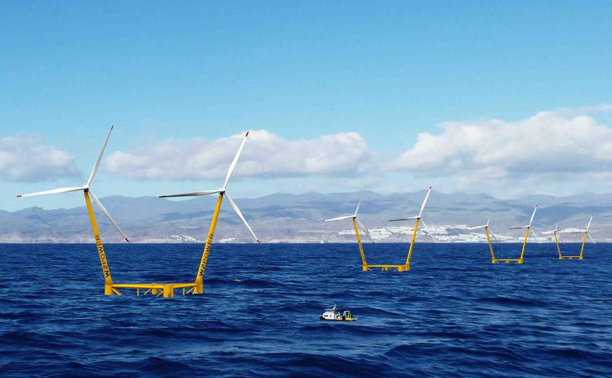 Simulación de las plataformas flotantes de dos aerogeneradores propuestas en los dos proyectos Canarray. 