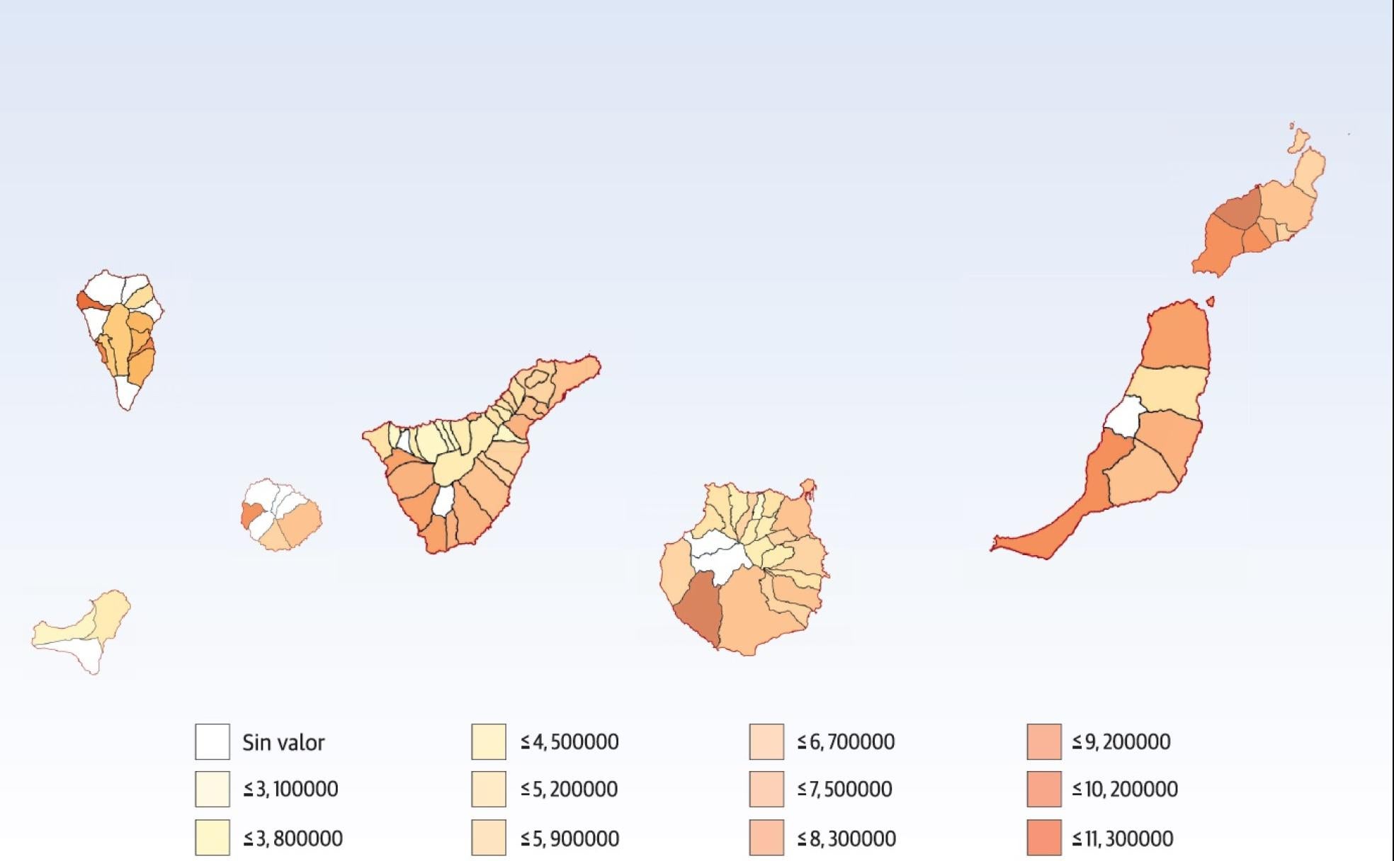 Mapa que refleja el precio del alquiler en los 88 municipios del archipiélago. 