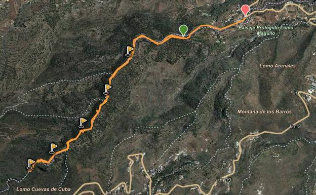 Mapa de la ruta a lo largo de tres kilómetros del barranco de los Cernícalos. 