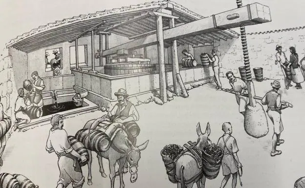 Dibujo del ilustrador Manolo Cardona que recrea el uso comunal del lagar del Caserío. 