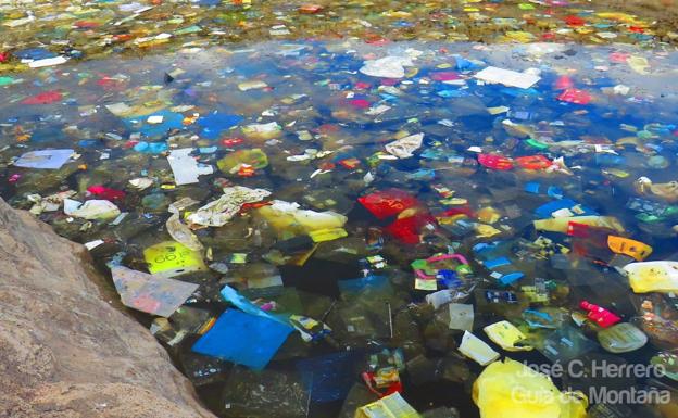 Imagen principal - Impactantes imágenes de una charca de Tenerife llena de bolsas de plástico. 