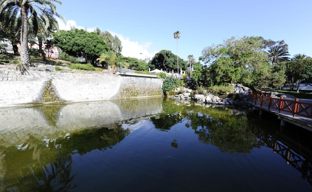 Imagen de archivo de la fuente y el estanque del parque Doramas. 