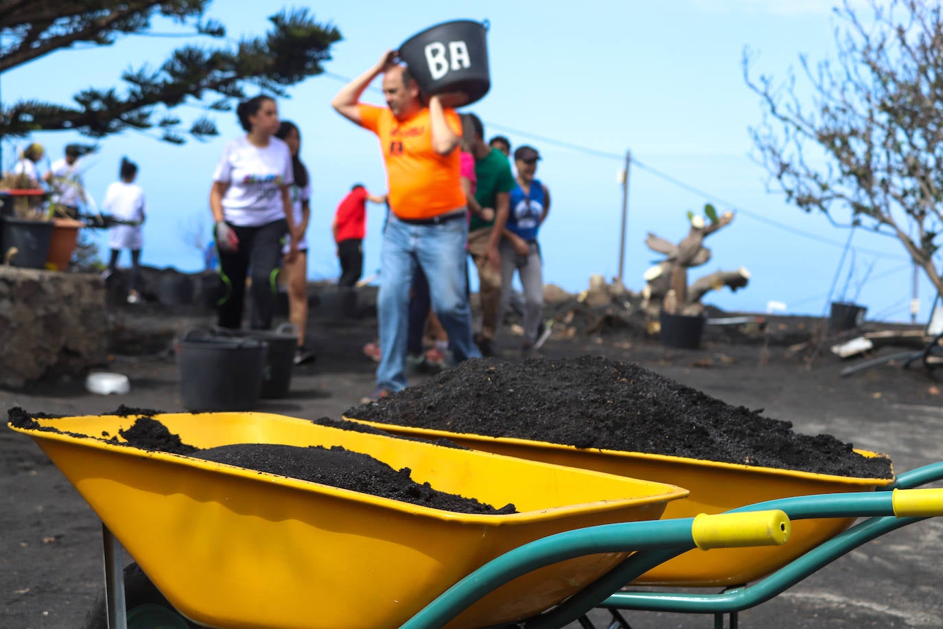 Vecinos colaboran en la retirada de cenizas en La Palma. 