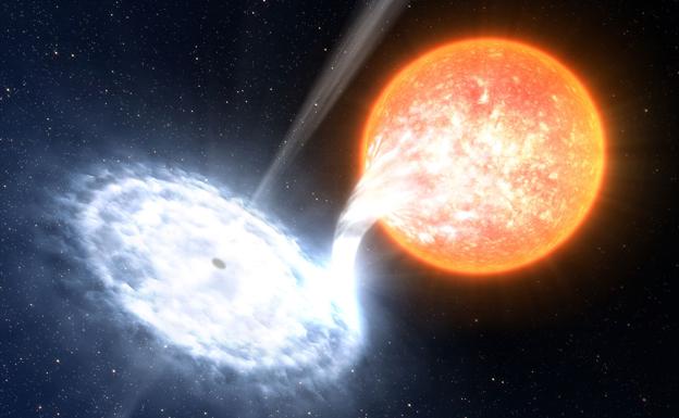 Recreación artística de un agujero negro devorando una estrella. 