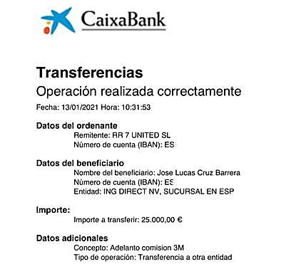 En la imagen, el documento que acredita la transferencia que realizó RR7 United a Lucas Cruz en concepto de adelanto de la comisión por las mascarillas falsas que llegaron a Gran Canaria. 