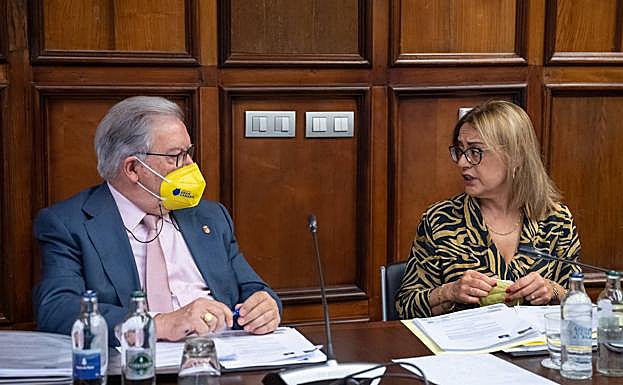 José Miguel Bravo de Laguna dialoga con su compañera de grupo, Ángeles Batista. Ambos pertenecen Aa Unidos por Gran Canaria. 