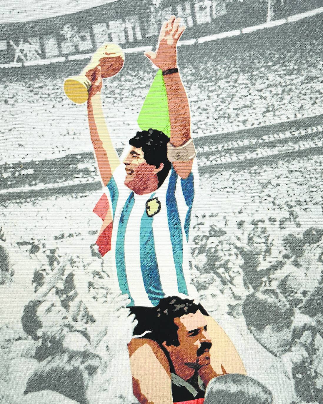 Ilustraciónde Javier Rodríguez Fajardo del histórico momento de Maradona en México '86 y a hombros de Cejas.