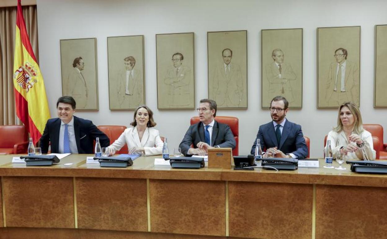 El presidente del PP, Alberto Núñez Feijóo, acompañado por los portavoces del Congreso y del Senado 