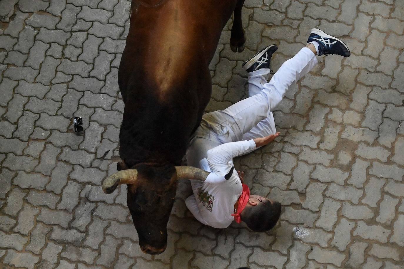 Un mozo cae delante de un toro en el sexto encierro. 
