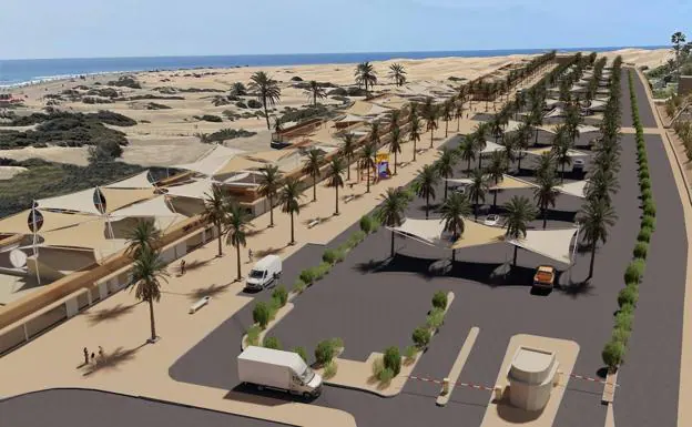 Recreación de cómo quedaría el centro comercial Anexo II y su entorno. Entre los locales y el aparcamiento se habilitará un parque longitudinal. 