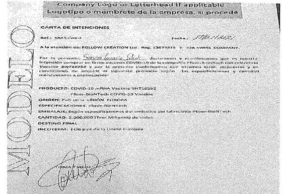 Imagen del documento enviado por Conrado Domínguez al intermediario para comprar tres millones de vacunas Pfizer. 