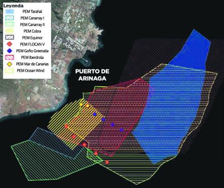 Proyectos de parques eólicos marinos apelotonados en la costa sureste de Gran Canaria. 