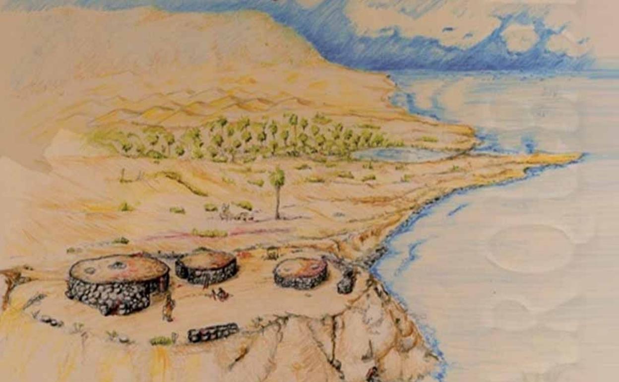 Recreación de cómo puso ser el asentamiento aborigen de Punta Mujeres, en el entorno de Maspalomas. 