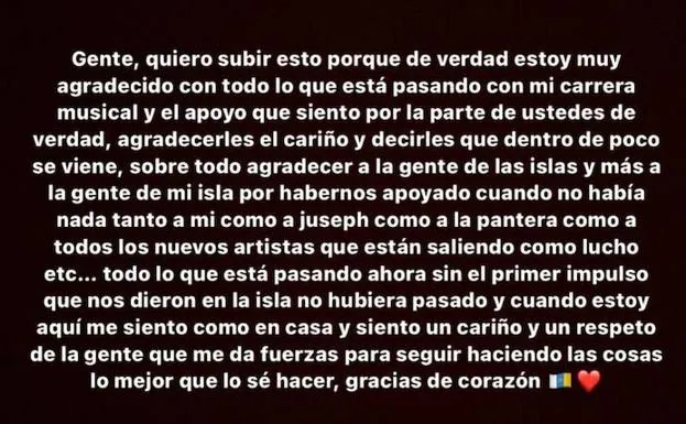 Mensaje del cantante Quevedo a través de su cuenta de Instagram. 