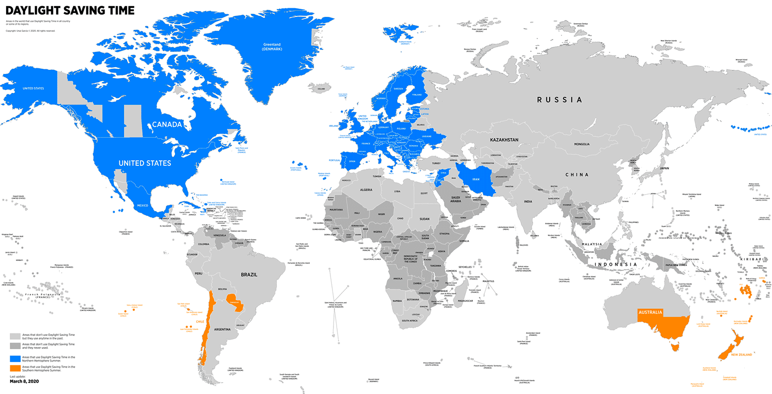 Los países que hacen cambio horario aparecen en azul (hemisferio norte) y en naranja (hemisferio sur). 