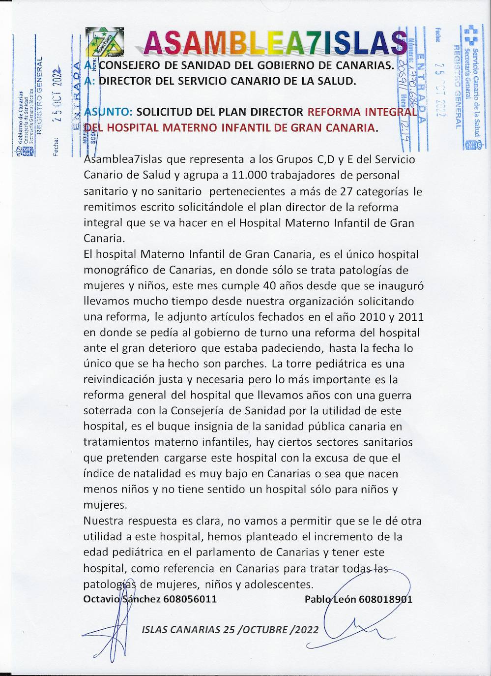 Escrito presentado a la Consejería de Sanidad por Asamblea 7 Islas. 