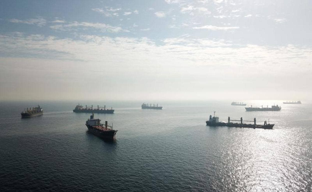 Vista aérea de buques esperando a ser inspeccionados para atravesar el Estrecho del Bósforo, este lunes.