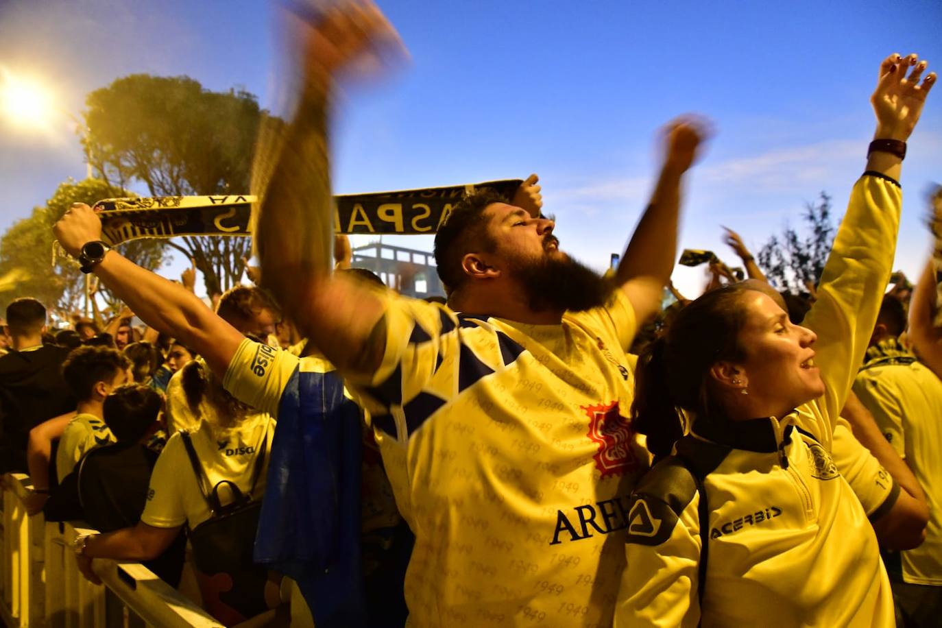 Un aficionado muestra la bandera de la UD Las Palmas. 