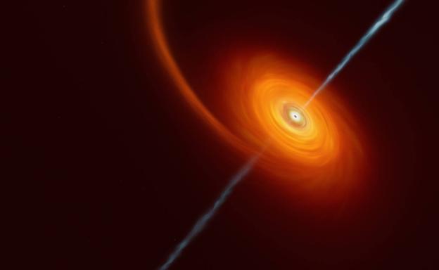 Recreación artística de un agujero negro tragándose una estrella y expulsando por sus polos chorros de materia y radiación. 