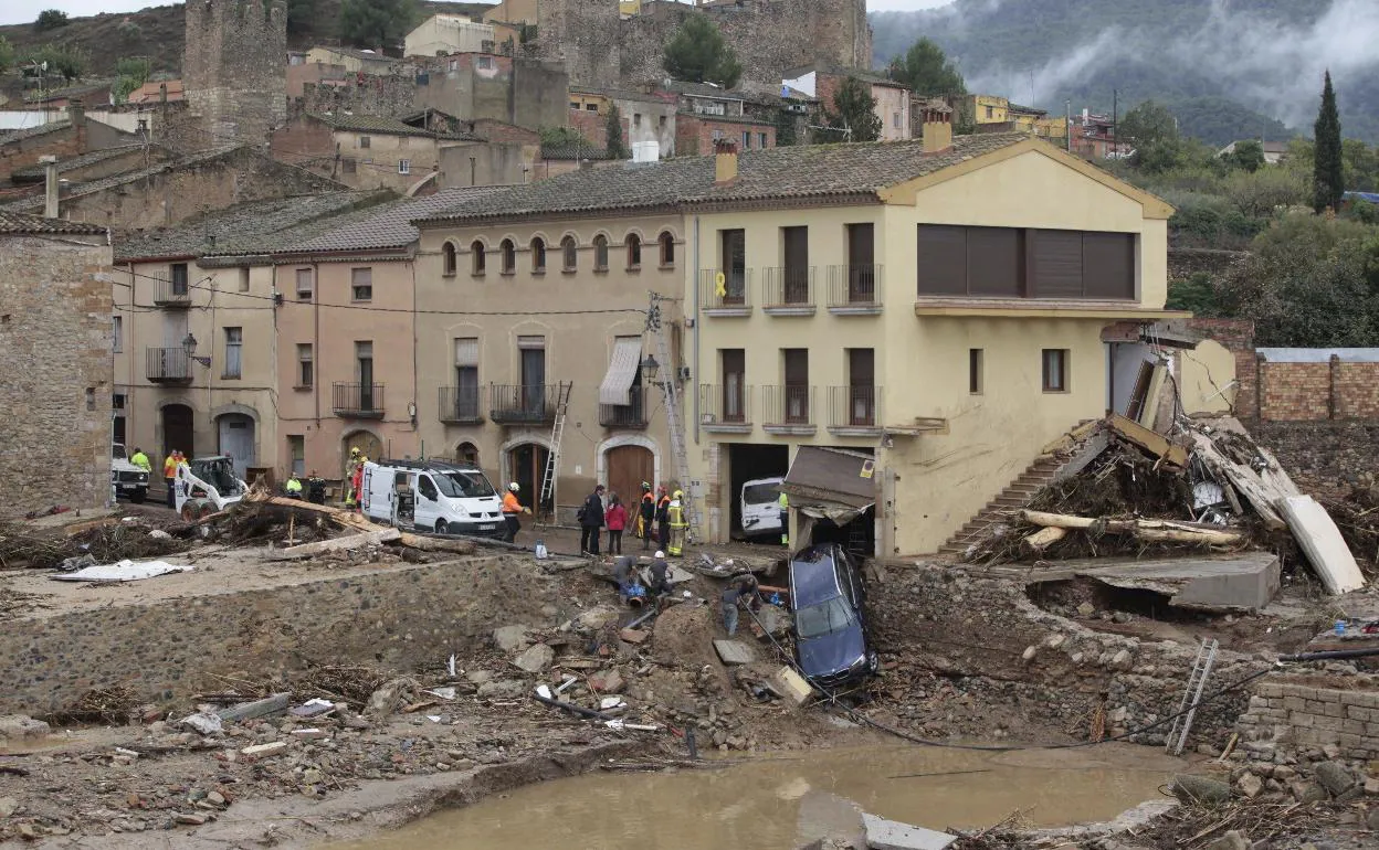 La población tarraconense de Montblanc gravemente afectada por la crecida del río Francolí en 2019.