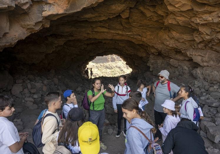 Un grupo de escolares de visita en la llamada cueva-túnel.