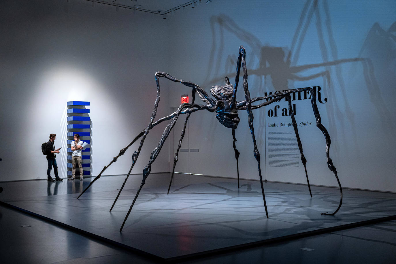Personas observan hoy, la obra «Spider» (1966), de 3 metros de altura y con la que la escultora Louise Bourgeois evocaba recuerdos infantiles y de admiración por su madre, en la casa de subastas Sotheby's, en Nueva York (EEUU). Un cuadro de Basquiat sobre la historia de la civilización negra, la biblia judía más antigua y completa de la que se tiene constancia y una de las monumentales arañas de la escultora Louise Bourgeois encabezan la temporada de subastas de mayo en Nueva York