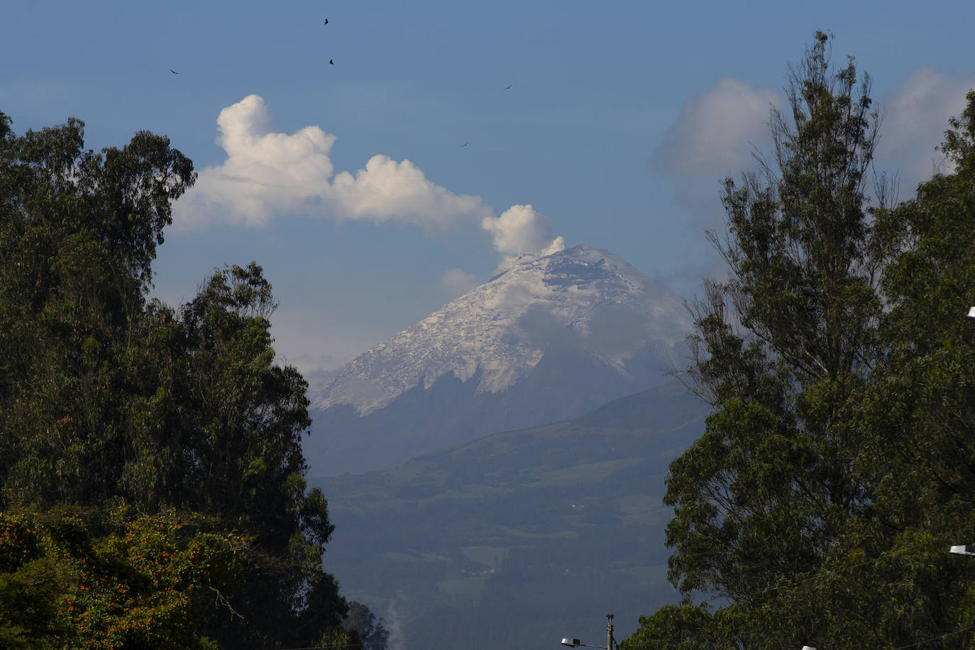 Fotografía del volcán Cotopaxi mientras emana vapor de agua, hoy, en Quito (Ecuador). El Cotopaxi, ubicado en la provincia del mismo nombre, a 45 kilómetros al sur de Quito, es el segundo pico más alto de Ecuador con sus 5.897 metros sobre el nivel del mar.