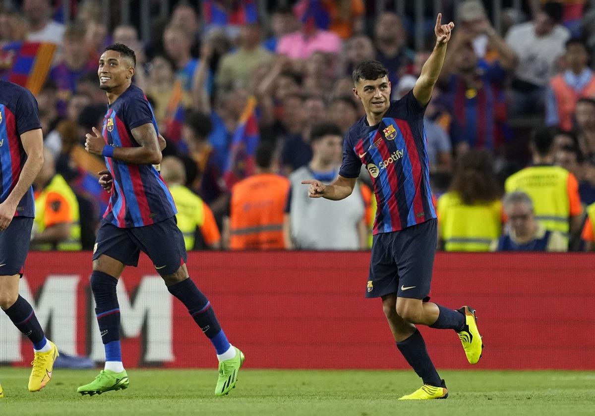 Pedri González celebra un gol con el FC Barcelona en la presente campaña.