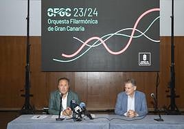 Karel Mark Chichón (a la izquierda) y Pedro Justo Brito, este jueves, en la sala Gabriel Rodó de la sede de la OFGC.