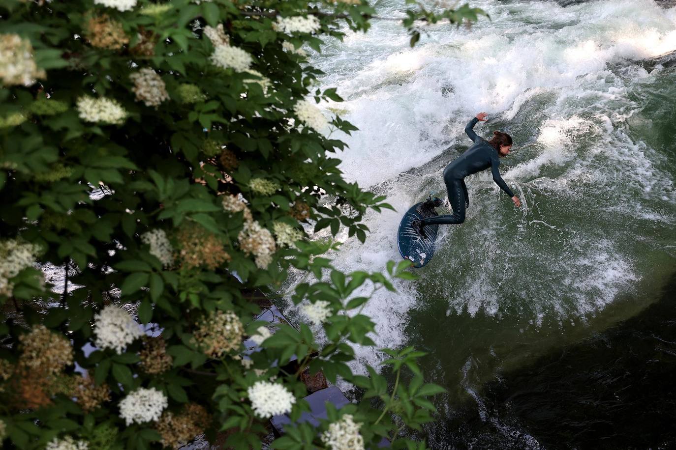 Un surfista monta una ola del arroyo Eisbach en el parque Jardín Inglés de Múnich, Alemania.