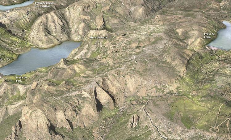 Vista aérea de las presas de Soria (vaso inferior del salto hidroeléctrico) y Chira.