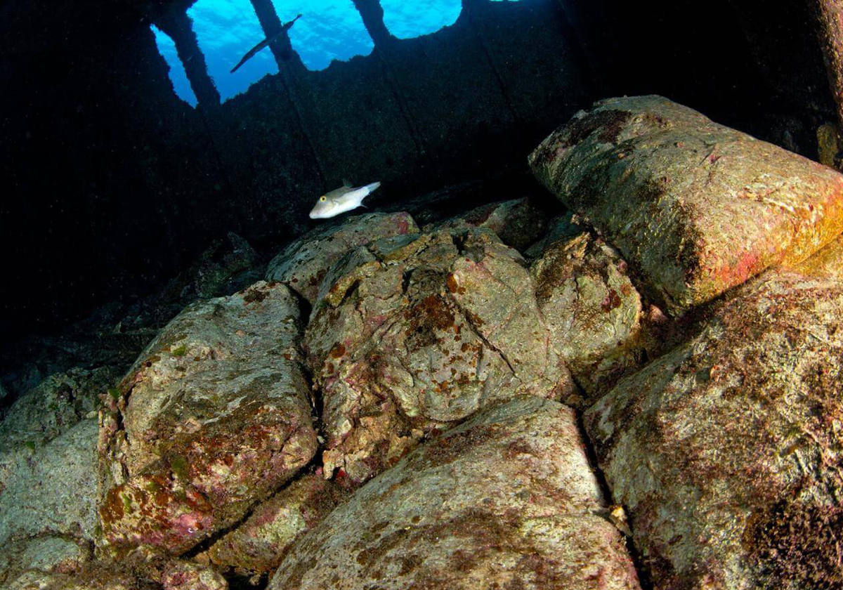 Inmersión en fondo submarino de rocas prismáticas.- El punto de fondeo de la embarcación se encuentra a 3,7 millas náuticas del puerto del gran núcleo turístico de Los Cristianos, en una punta en la que las corrientes pueden aumentar la dificultad de la inmersión a nivel medio. El lugar está cerca de la costa y es hogar de numerosos pulpos, chocos y viejas. La inmersión suele incluir un paseo por las vecinas y espectaculares rocas con forma de prisma, que parecen invitar al buzo a subir sus escalones a pie. Su escasa profundidad y su buena visibilidad lo convierten en un buen pecio para practicar snorkel.