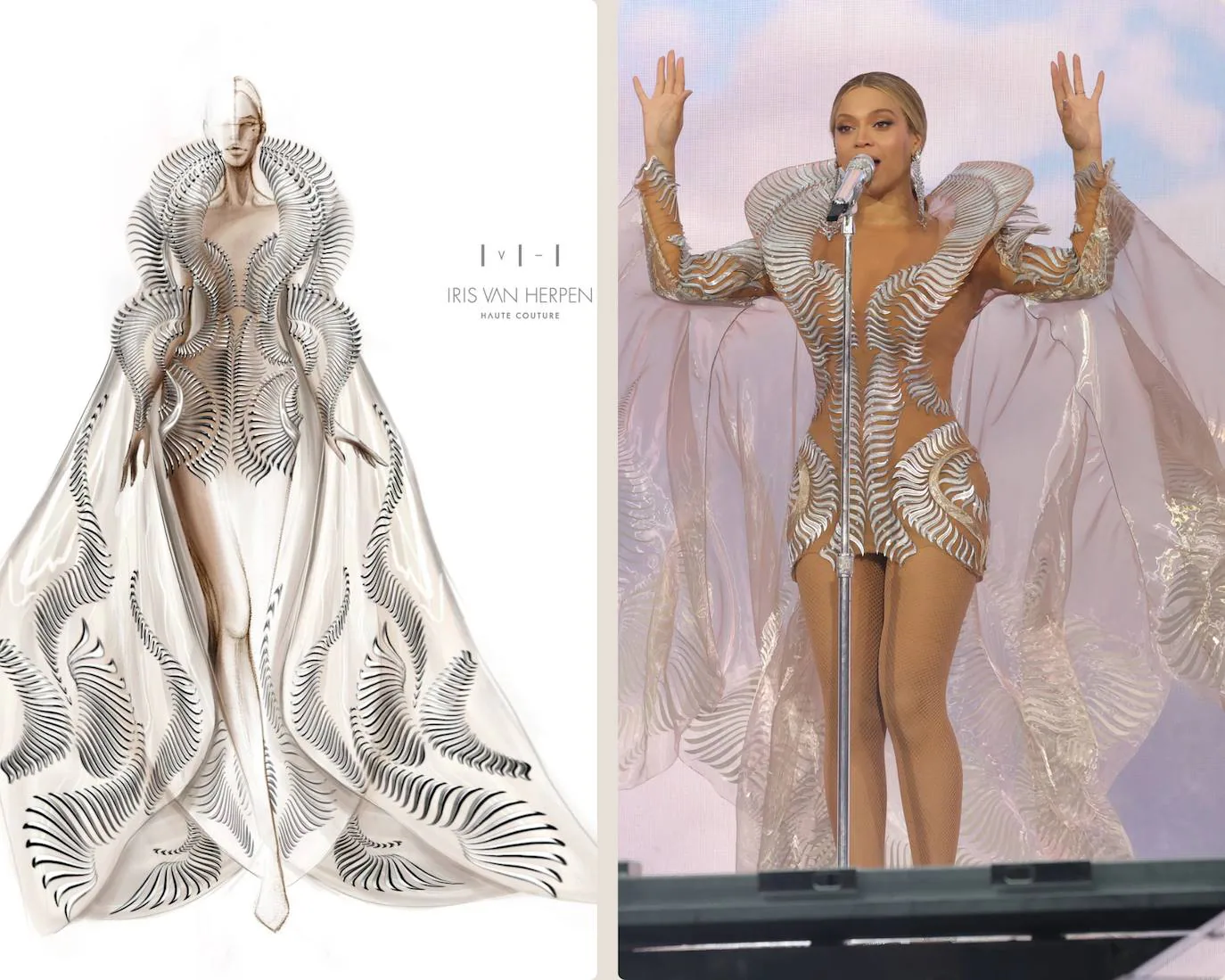 A la izquierda, el boceto del diseño. A la derecha, Beyoncé con el vestido en el concierto que dio en Ámsterdam.