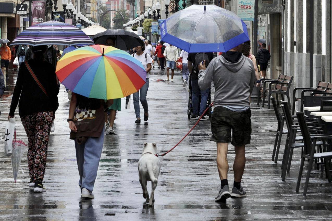 Un ciudadanos pasea con su perro por la calle mayor de Triana durante un día de lluvia.