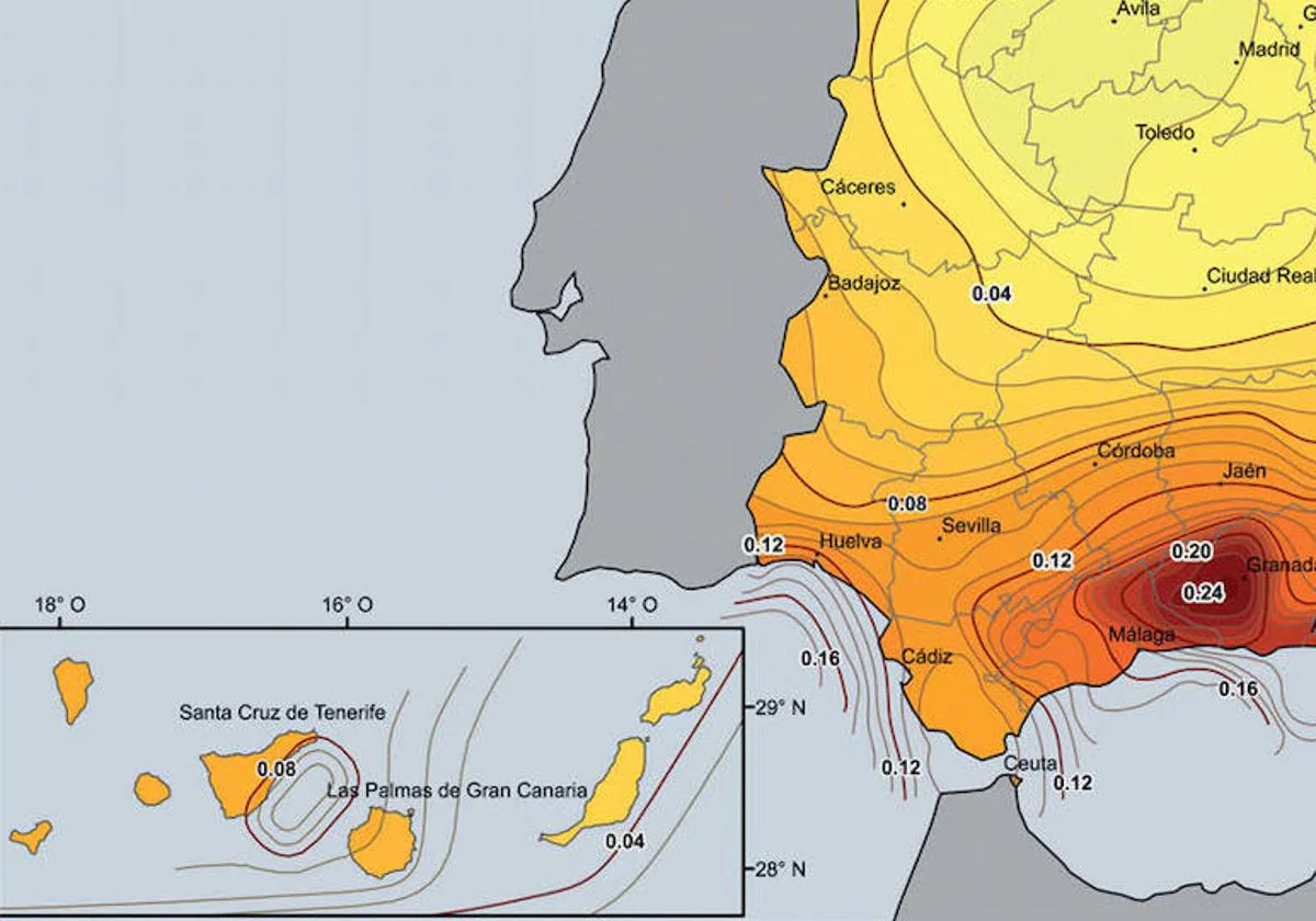 Este mapa refleja la peligrosidad sísmica en Canarias.