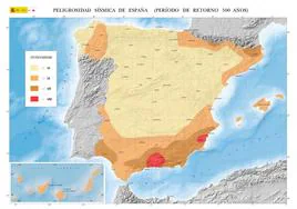 Mapa de peligrosidad sísmica de España en función de la intensidad máxima prevista.