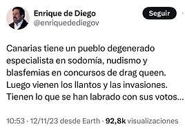 El mensaje que publicó Enrique de Diego en sus redes sociales.
