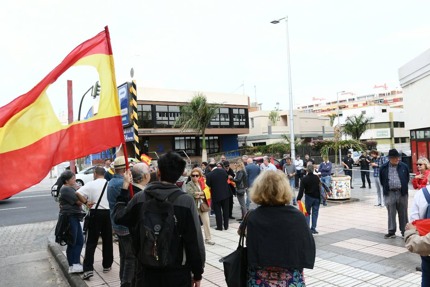 Pancartas y banderas de España en la manifestación de Vox ante la sede del PSOE en la capital grancanaria