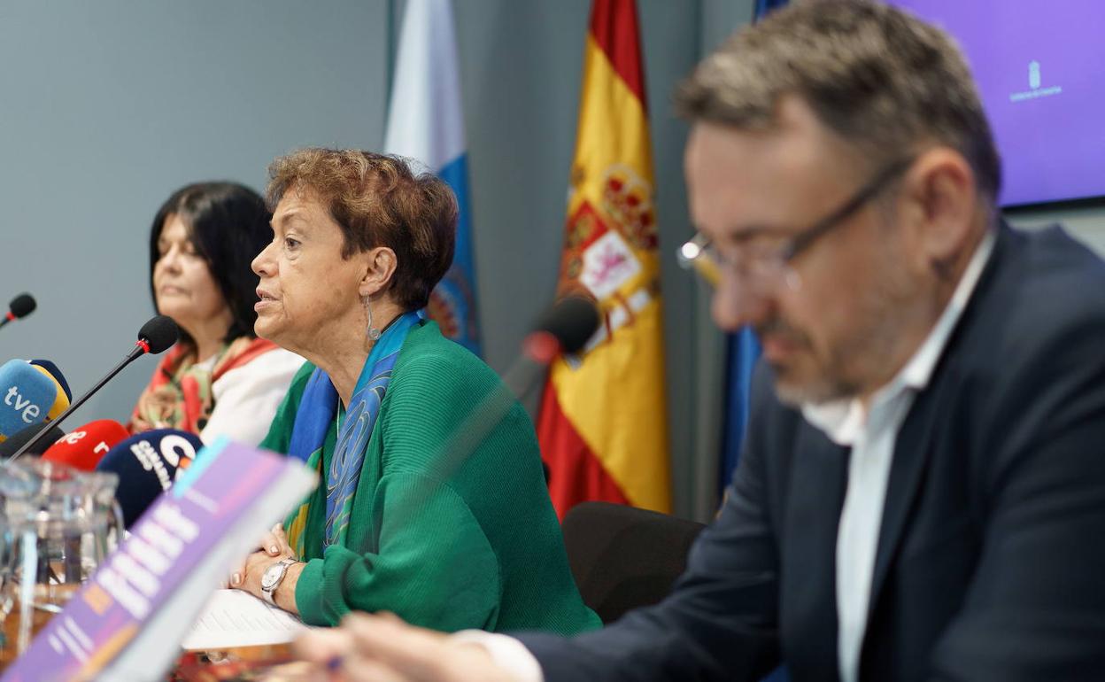 La presidenta del Consejo Escolar de Canarias, Natalia Álvarez (c); la consejera y coordinadora de la comisión del informe, Isabel Teresa Gómez (i) y el asesor técnico, David Corduras (d). 