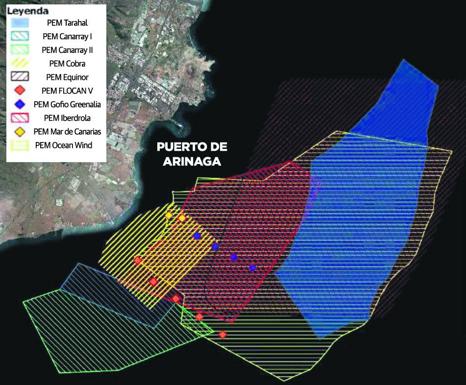 Distintos proyectos de parques eólicos marinos apelotonados en la costa del sureste. 