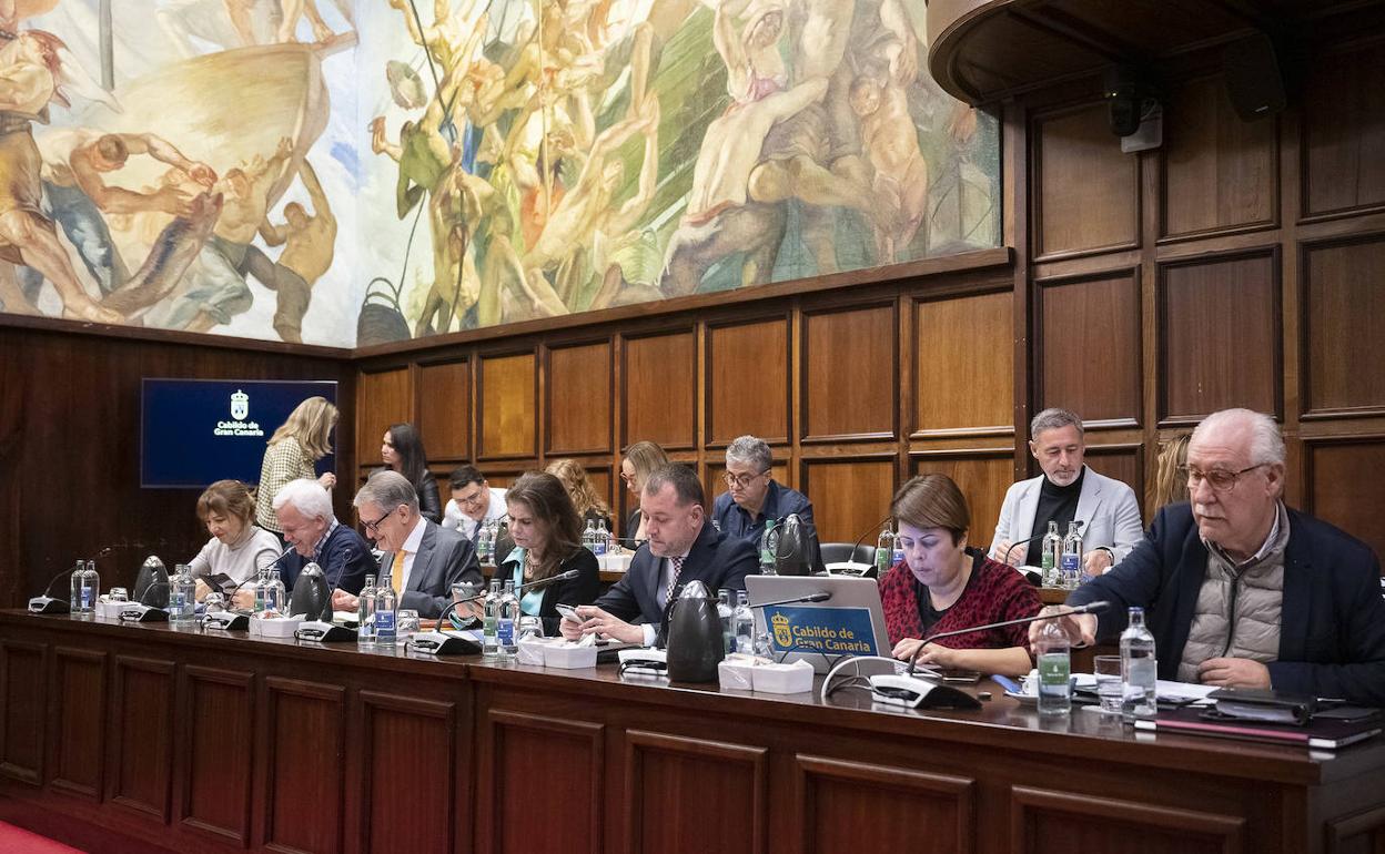 El consejero de Deportes del Cabildo (primero por la derecha en la fila de atrás) durante el pleno. 