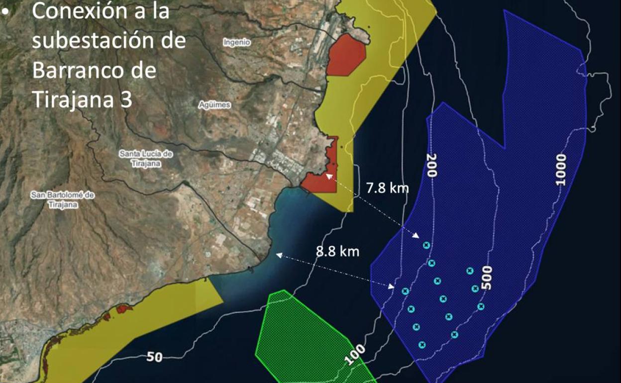 Los puntos celestes en el mar corresponden a la ubicación de los 13 aerogeneradores de Tarahal. 