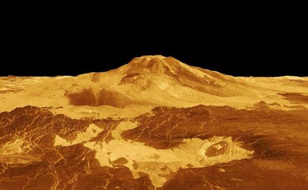 Computer-generated three-dimensional image of the Maat Mons volcano.