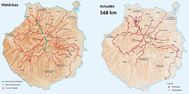 Mapa con las vías pecuarias históricas y las actuales.