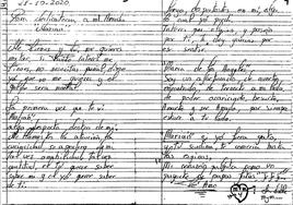 Imagen de una de las páginas que encontraron los investigadores en las que Campillo declaraba su amor a la fallecida.
