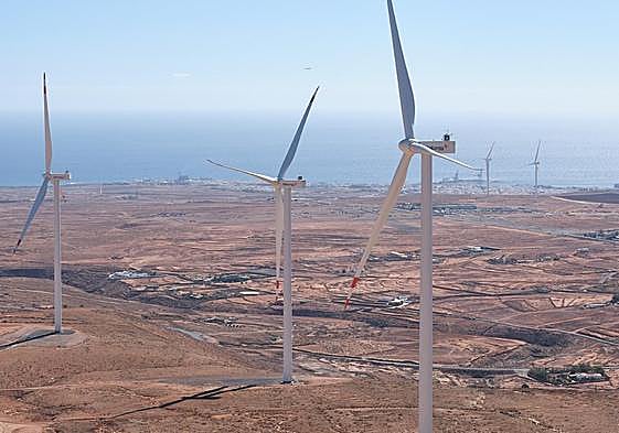 Cinco de los ocho aerogeneradores del parque eólico Puerto del Rosario.