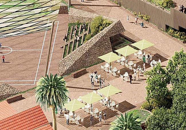 Infografía de la plaza central del bulevar peatonal previsto en forma de cruz.