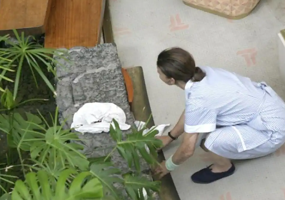 Camarera de piso realizando sus labores.